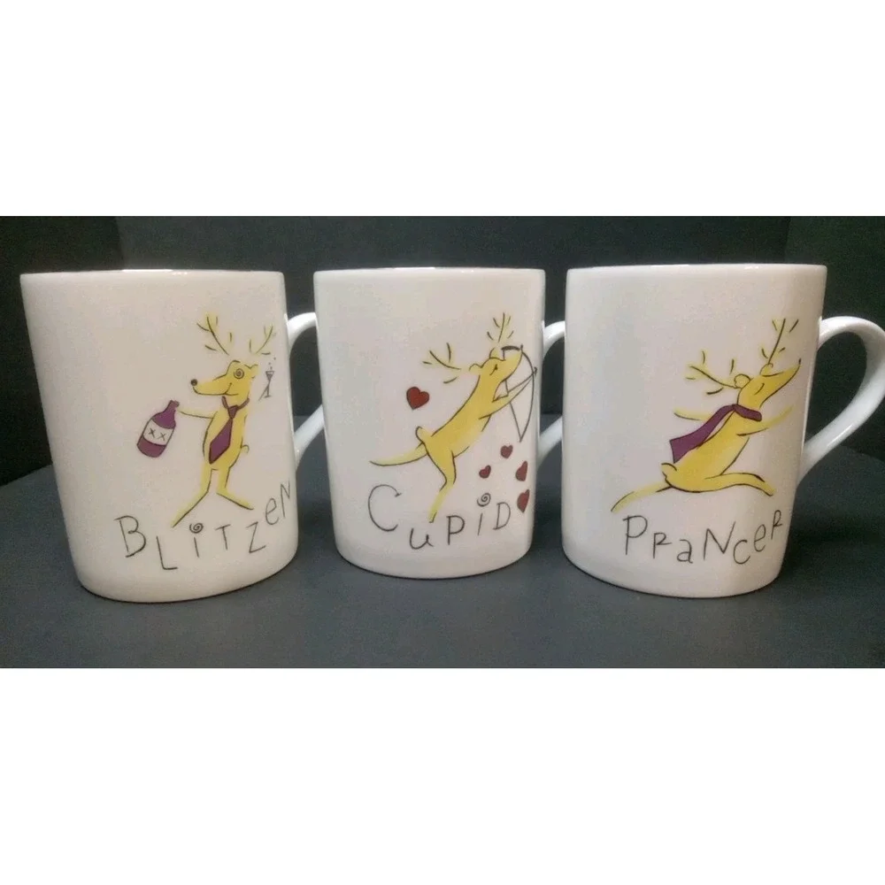 Pottery Barn Reindeer Mugs 12 Oz Silver Trim Lot Of 3 Blitzen Prancer Cupid